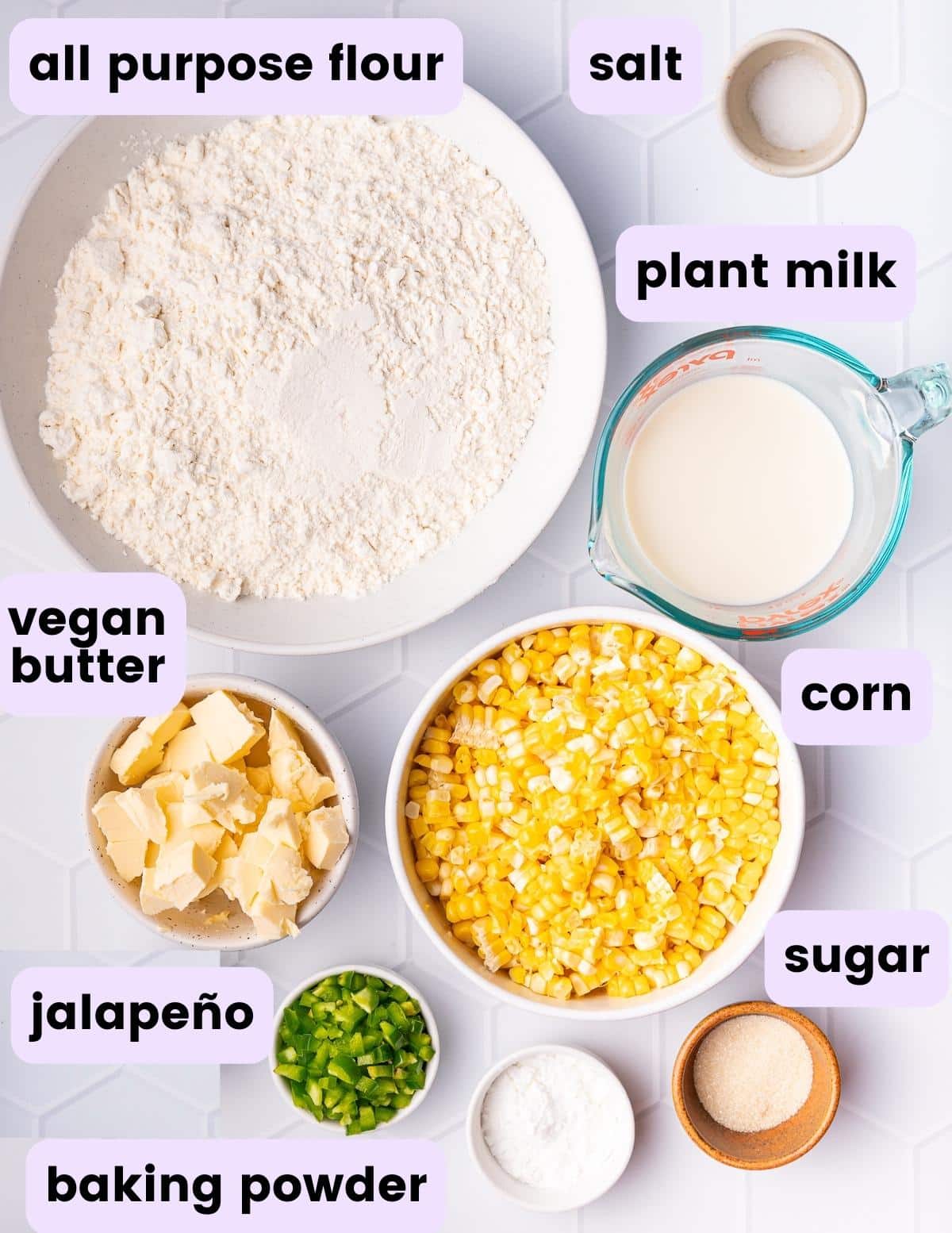 flour, salt, plant milk, vegan butter, corn, jalapeno, baking powder, sugar
