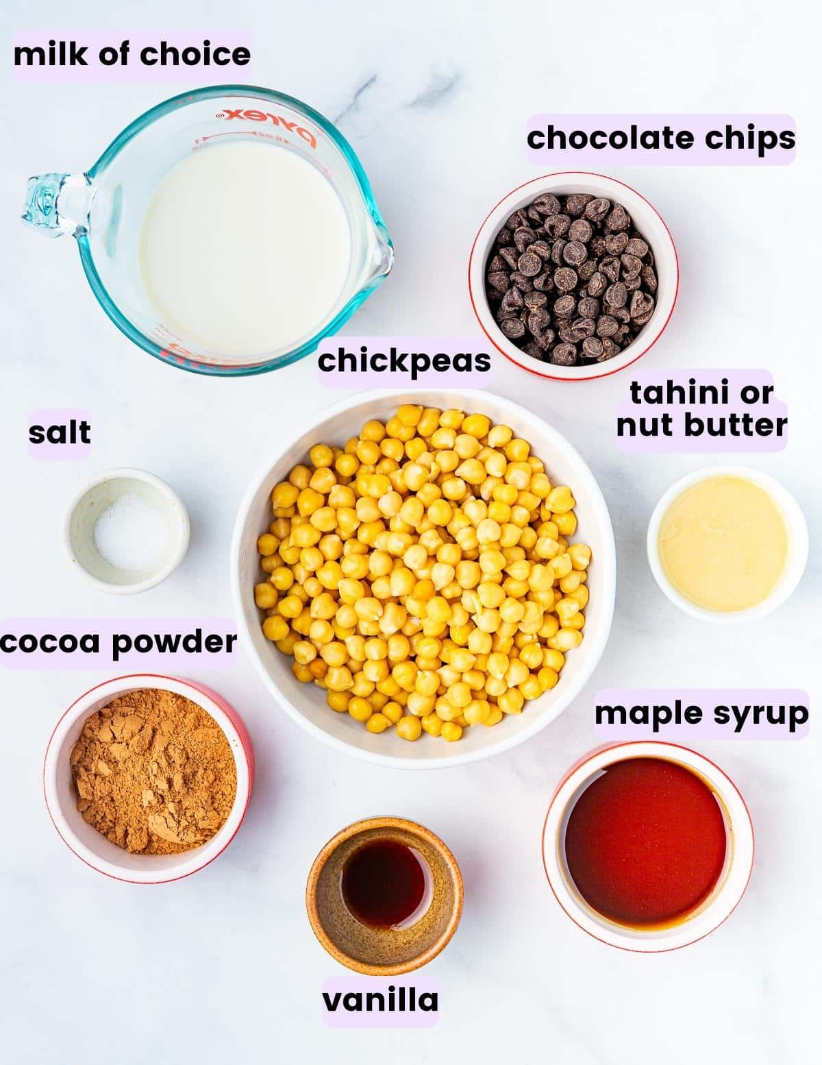 plant milk, chocolate chips, chickpeas, tahini, salt, cocoa, vanilla, and maple syrup