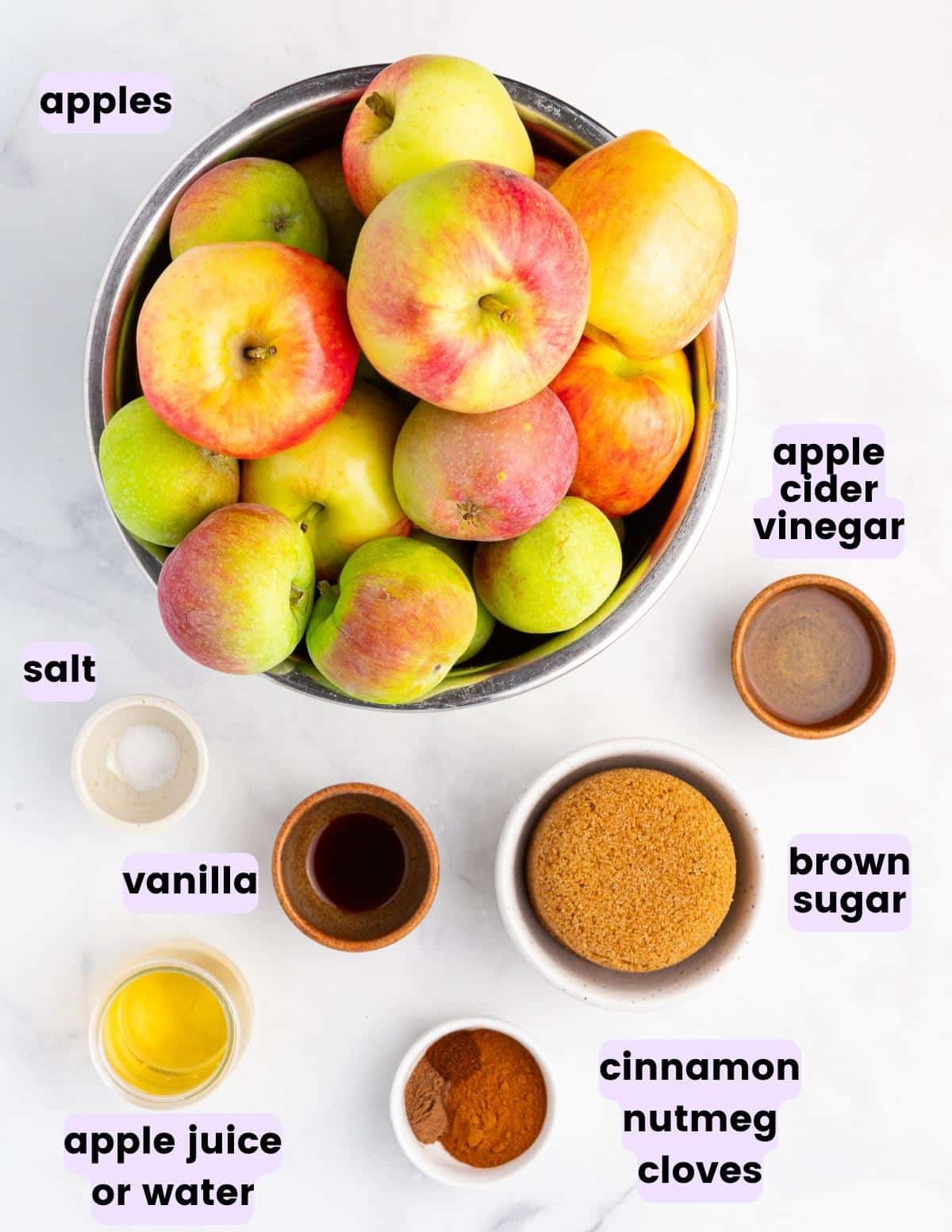 apples, salt, apple cider vinegar, brown sugar, vanilla, apple juice, cinnamon, nutmeg, and cloves