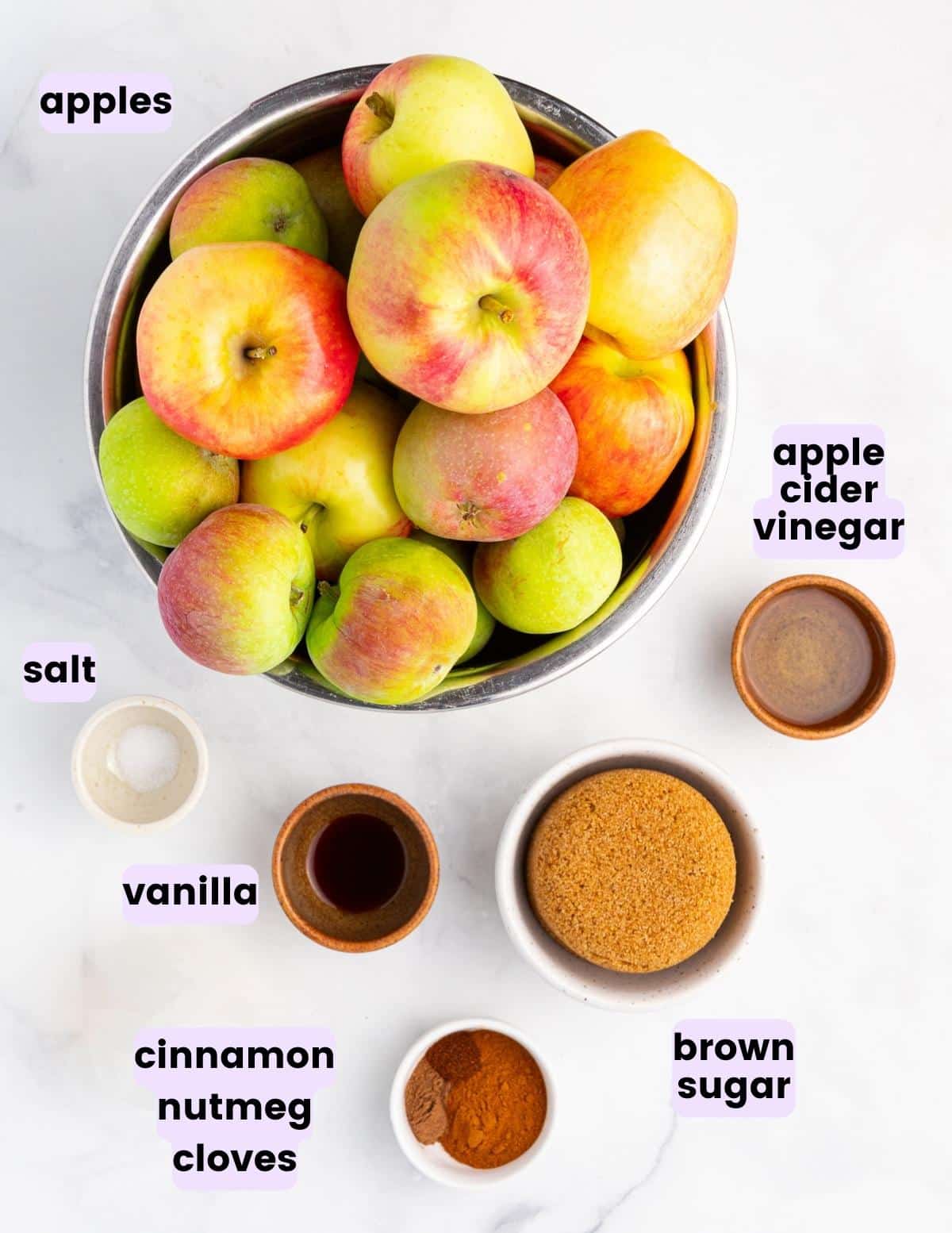 apples, salt, vanilla, brown sugar, spices, apple cider vinegar