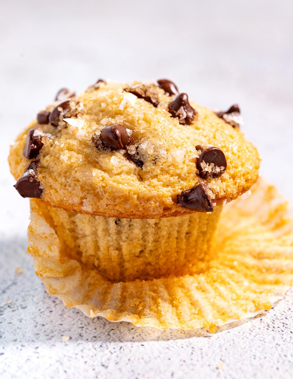 one vegan chocolate chip muffin resting on a muffin liner