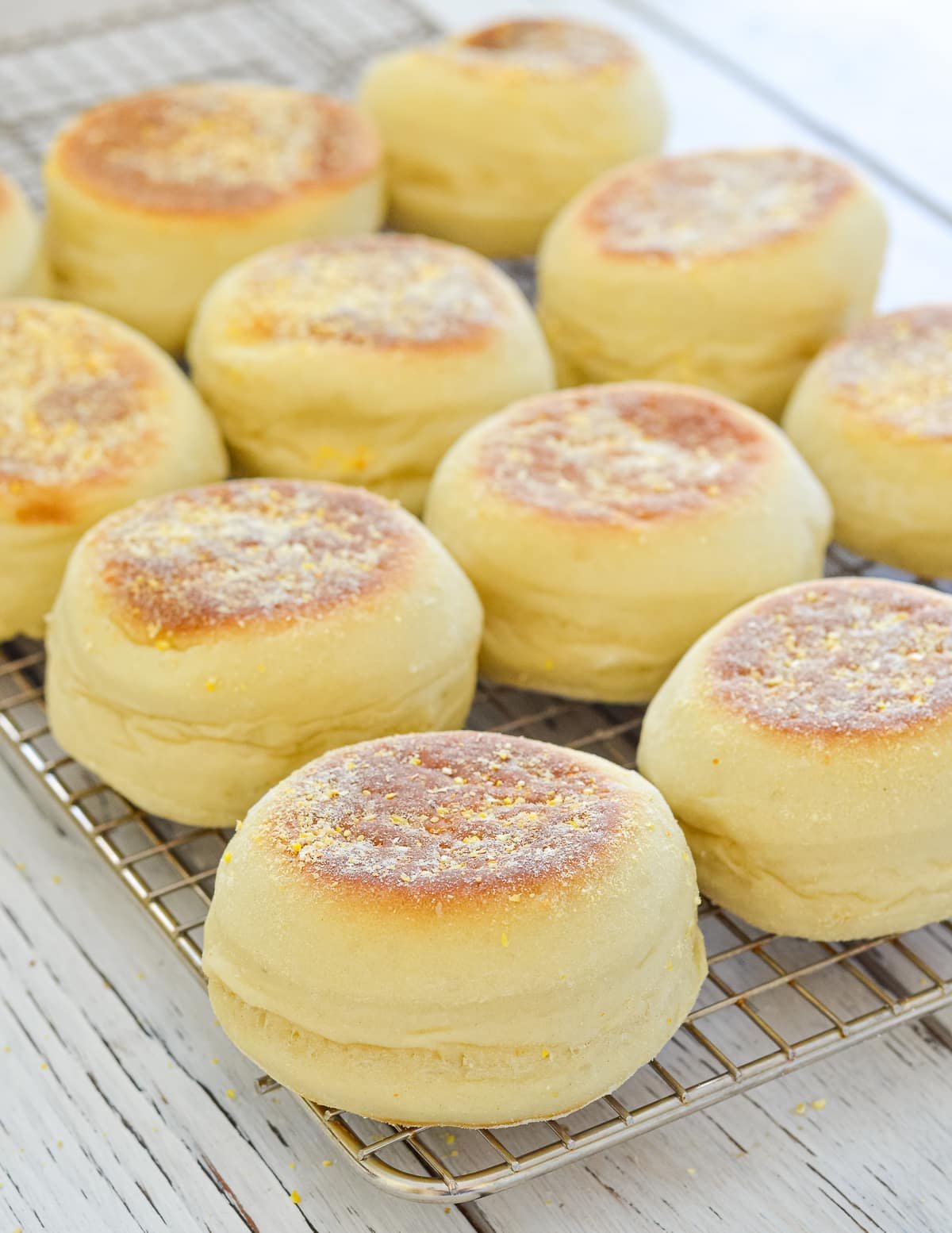 English muffins on a wire rack