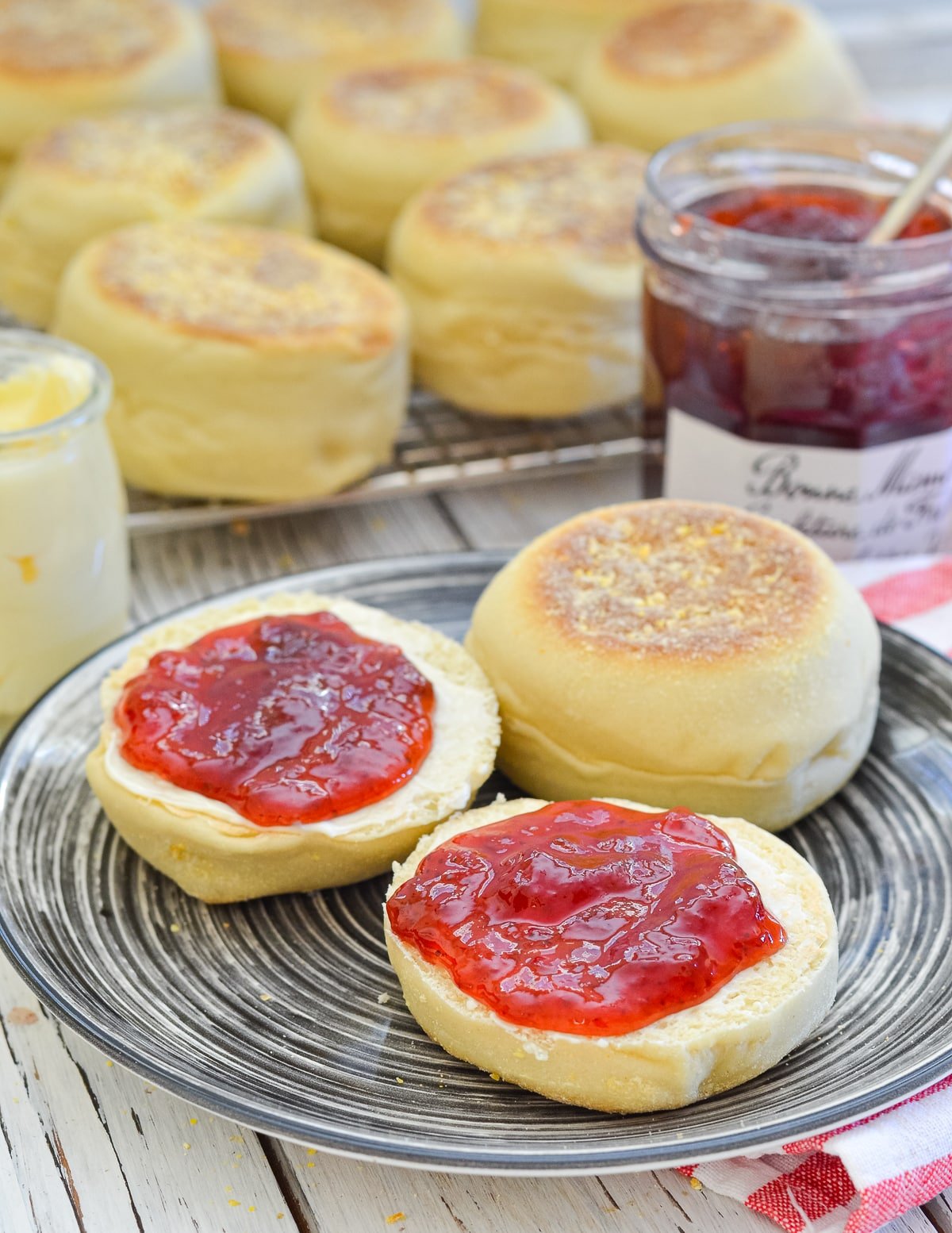 English muffins split with jam