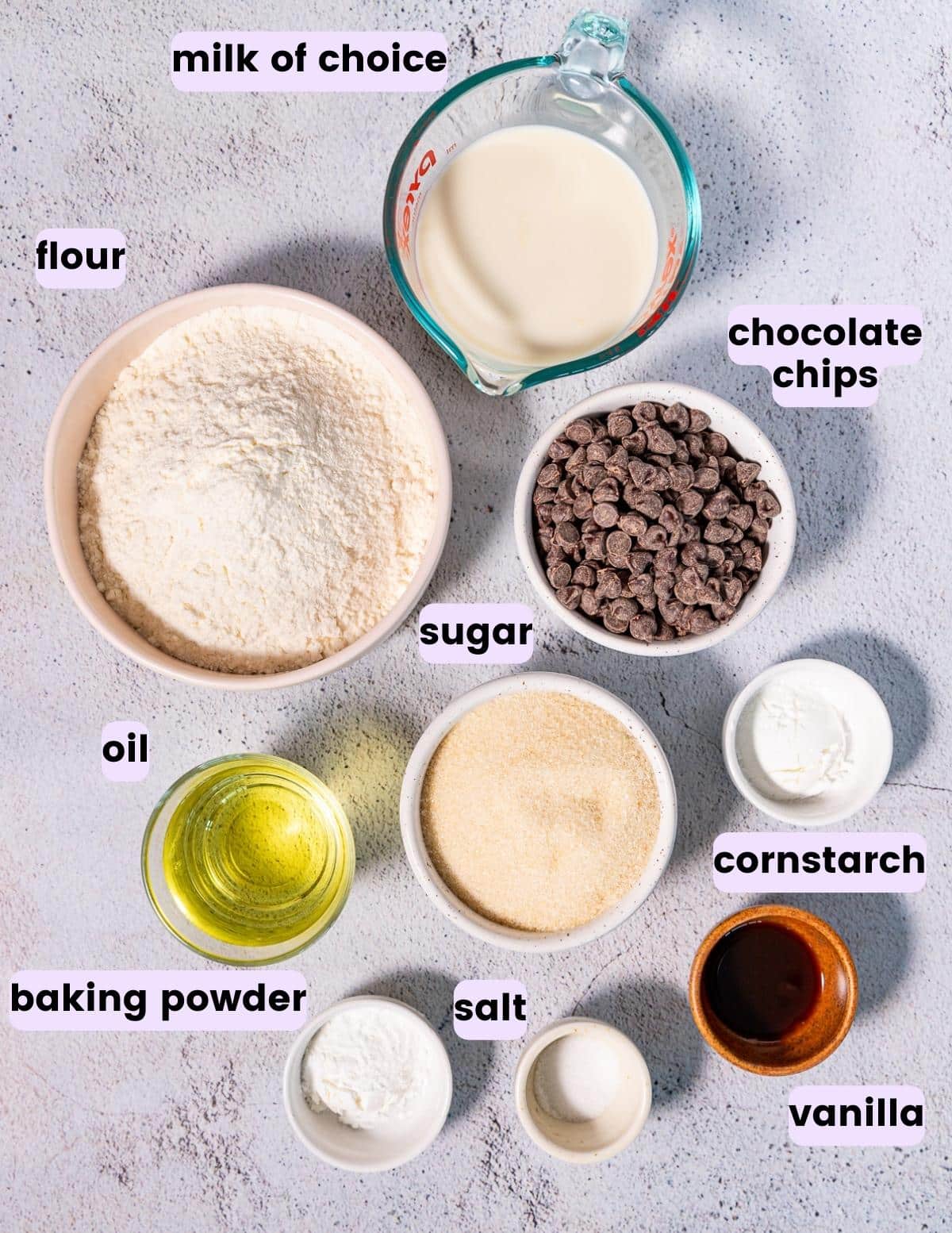 plant milk, flour, chocolate chips, sugar, oil, cornstarch, baking powder, salt, vanilla 