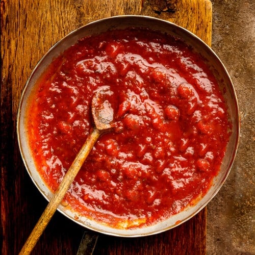 a skillet of vegan marinara sauce