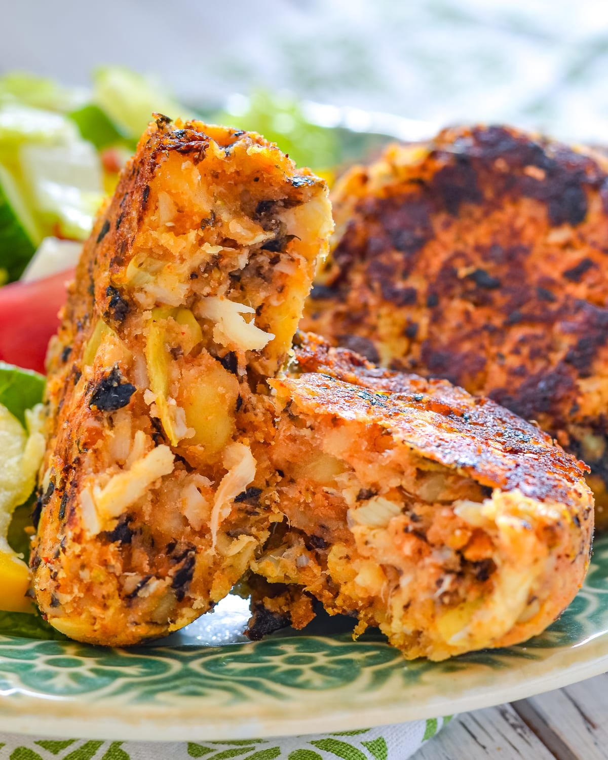 a vegan crab cake split open so the inside is visible
