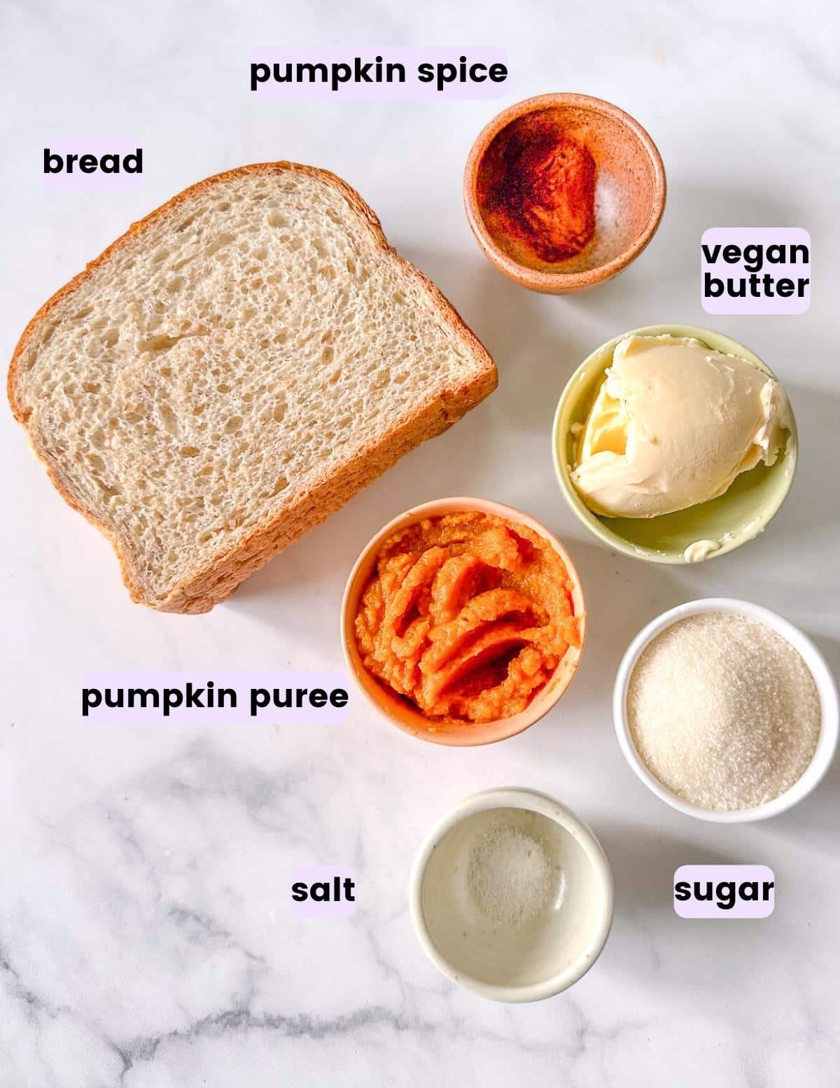 bread, pumpkin spice, vegan butter, pumpkin puree, sugar, salt.