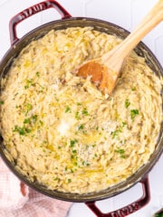 a pan full of creamy vegan orzo risotto