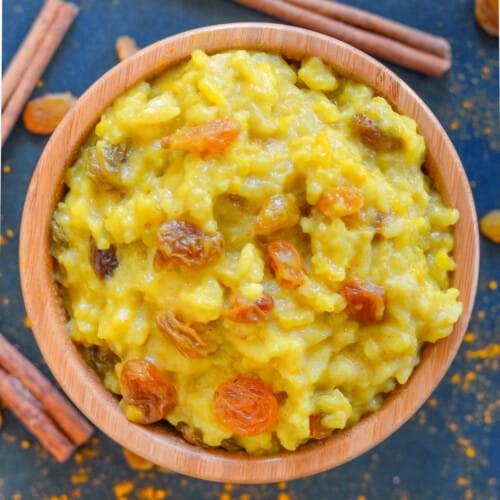 slow cooker coconut milk rice pudding in a bowl