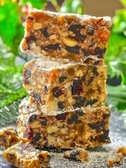 a stack of no-bake fruit cake squares