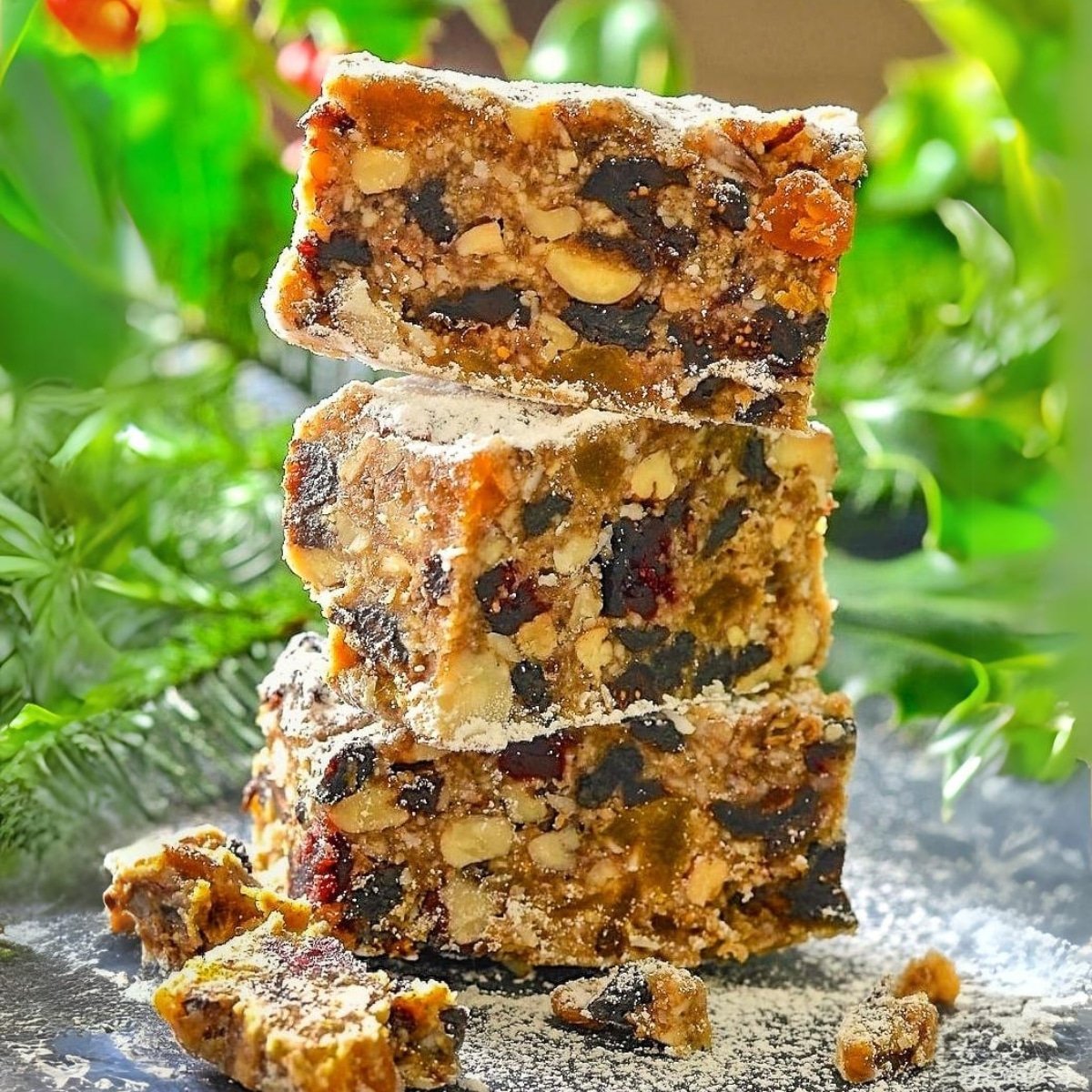 a stack of no-bake fruit cake squares