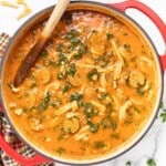 a pan of Vegan Italian Sausage Pasta Soup