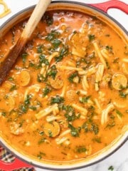 a pan of Vegan Italian Sausage Pasta Soup