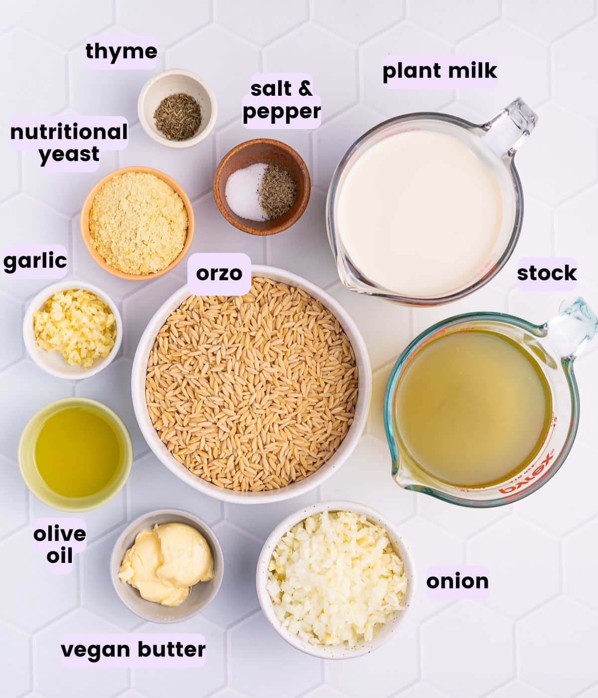 thyme, salt, pepper, plant milk, nutritional yeast, plant milk, stock, orzo, olive oil, garlic , vegan butter, onion