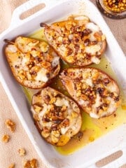 baked pears in a white casserole