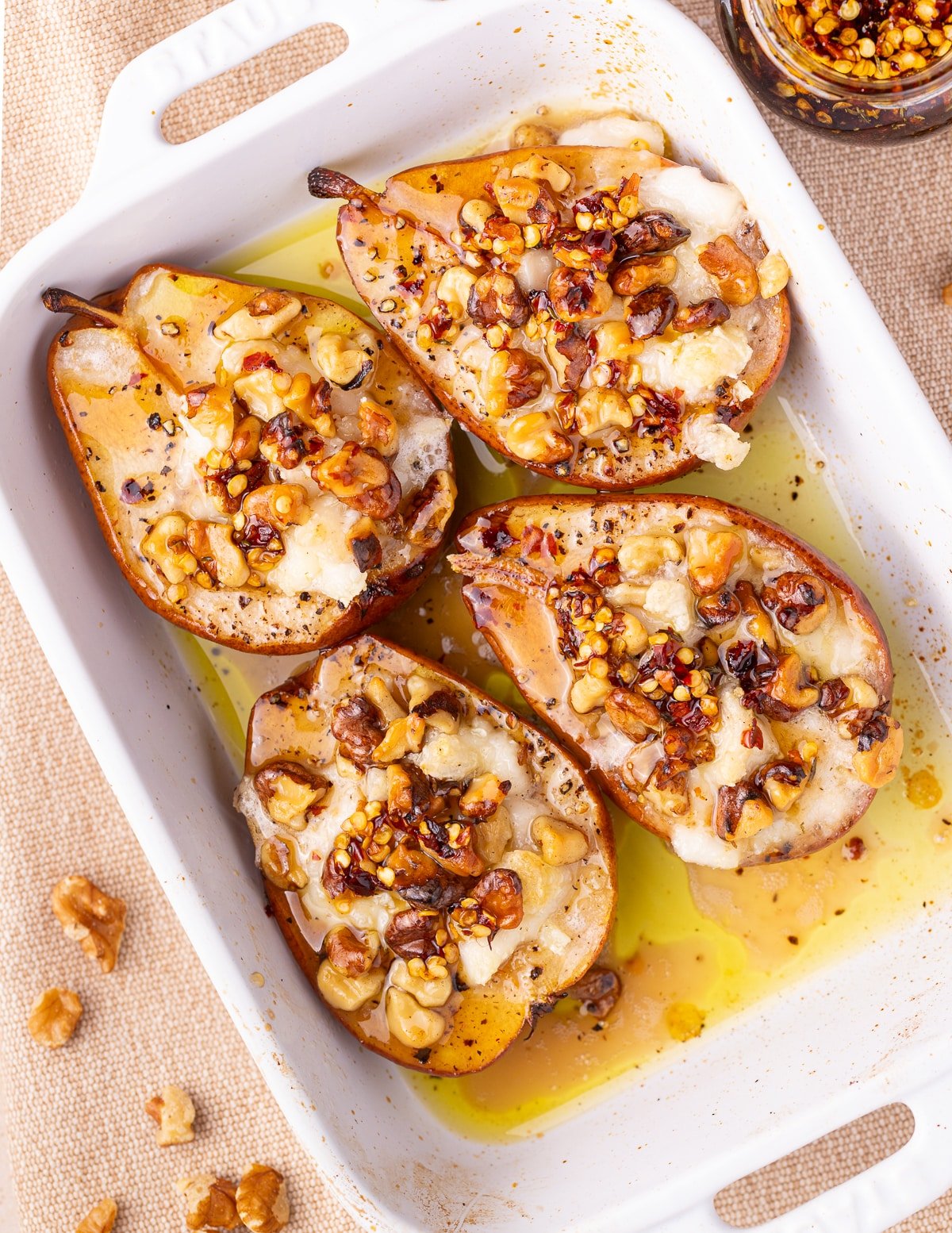 baked pears in a white casserole