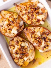 baked pears in a white casserole