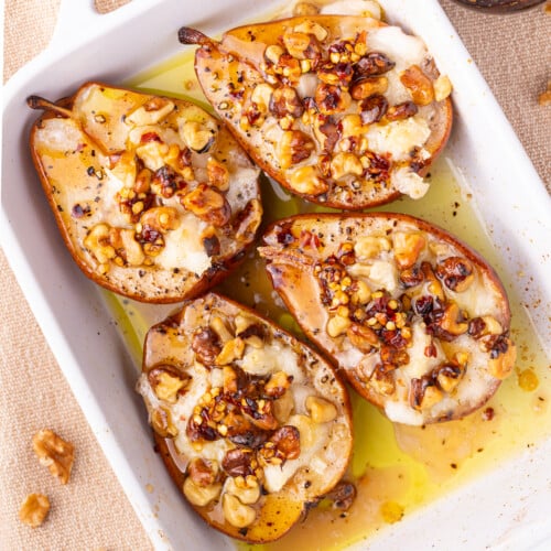 baked pears in a white casserole