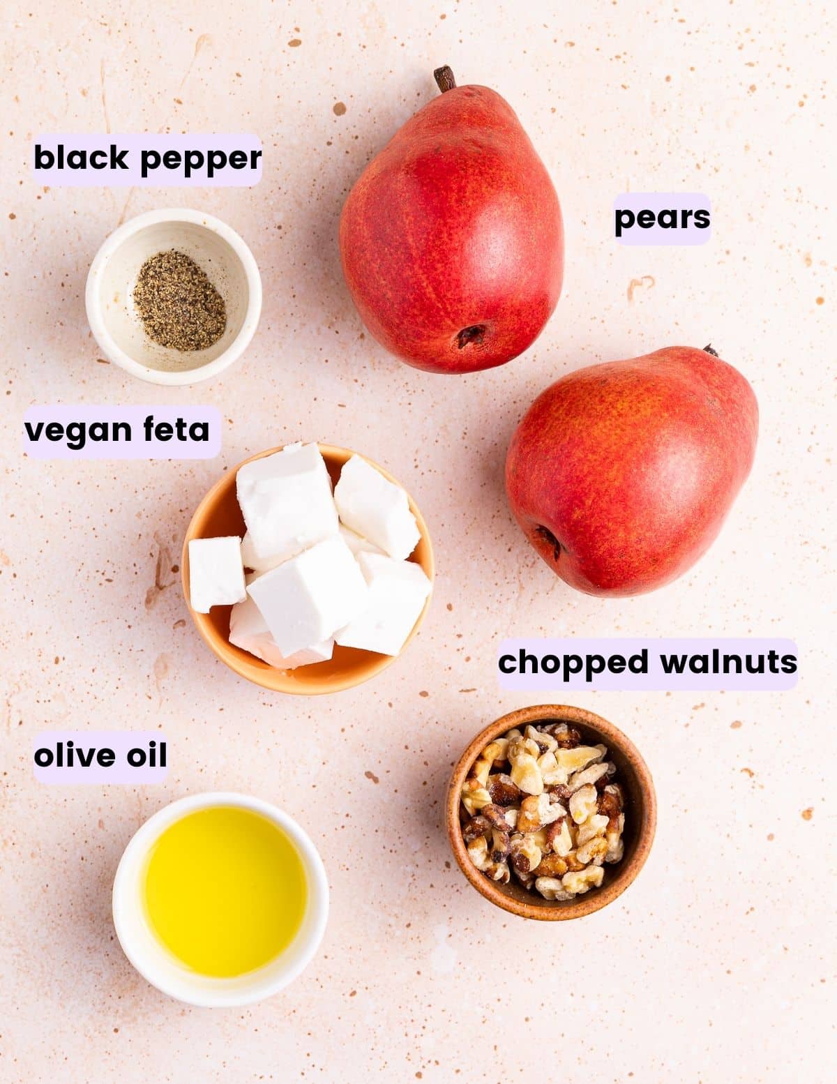 pears, black pepper, vegan feta, olive oil, walnuts