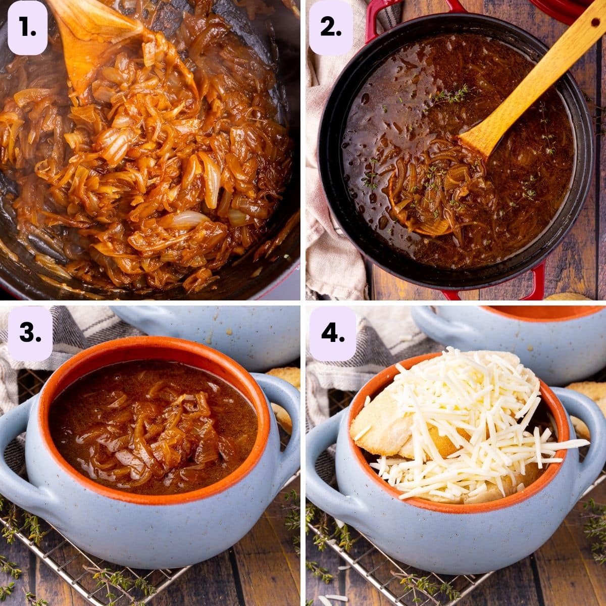a collage: picture 1 shows caramelized onions in a pan, picture 2 shows a pan of cooked French onion soup, picture 3 shows some soup in a small blue soup bowl, and picture 4 shows the same soup bowl but with bagueete and cheese shreds on top 