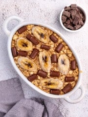 banana bread oatmeal in a white ceramic dish