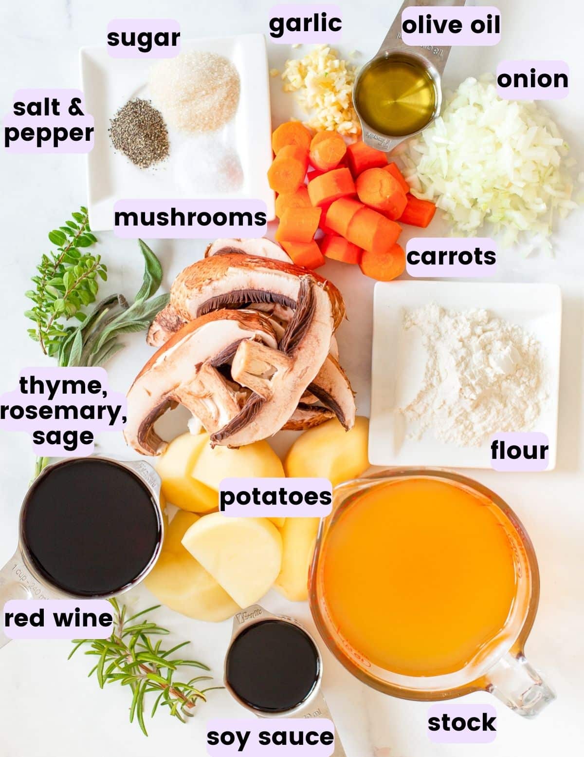 salt, pepper, sugar, garlic, olive oil, onion, carrots, mushrooms, thyme, rosemary, sage, flour, potatoes, red wine, soy sauce, stock