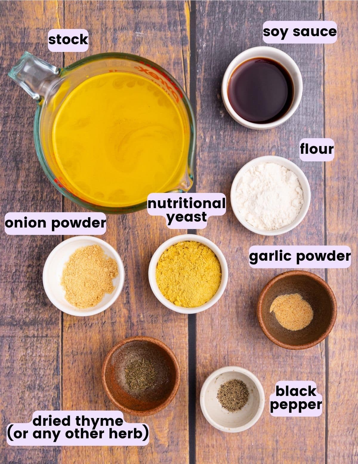 stock, soy sauce, flour, onion powder, garlic powder, nutritional yeast, thyme, black pepper 