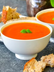 a bowl of tomato basil soup