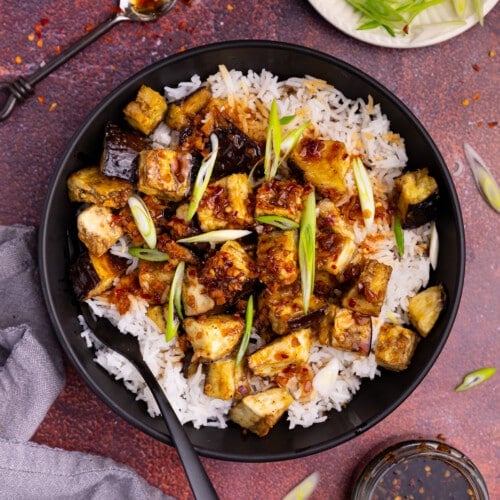 a bowl of chili garlic eggplant with rice