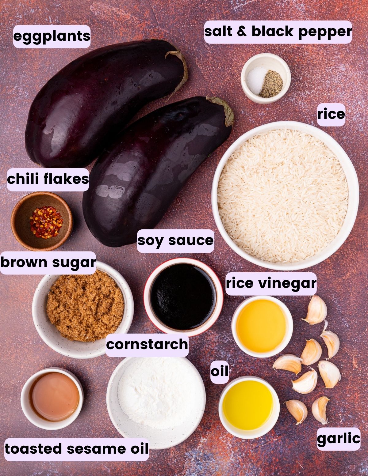 eggplant, salt,pepper, rice, chili flakes, brown sugar, soy sauce, rice vinegar, cornstarch, sesame oil, garlic, 