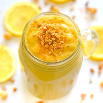 a glass of lemon cheesecake smoothie