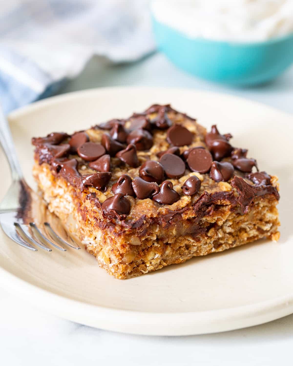 a chocolate banana peanut butter oatmeal bar on a plate