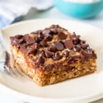 a chocolate peanut butter oatmeal bar on a plate