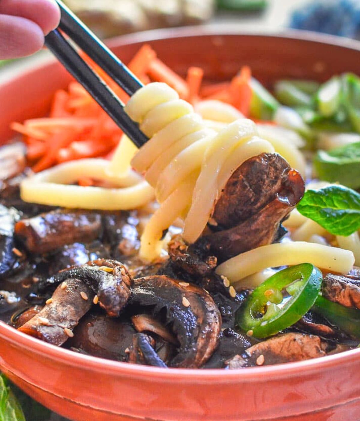 udon noodles and a mushroom in chopsticks