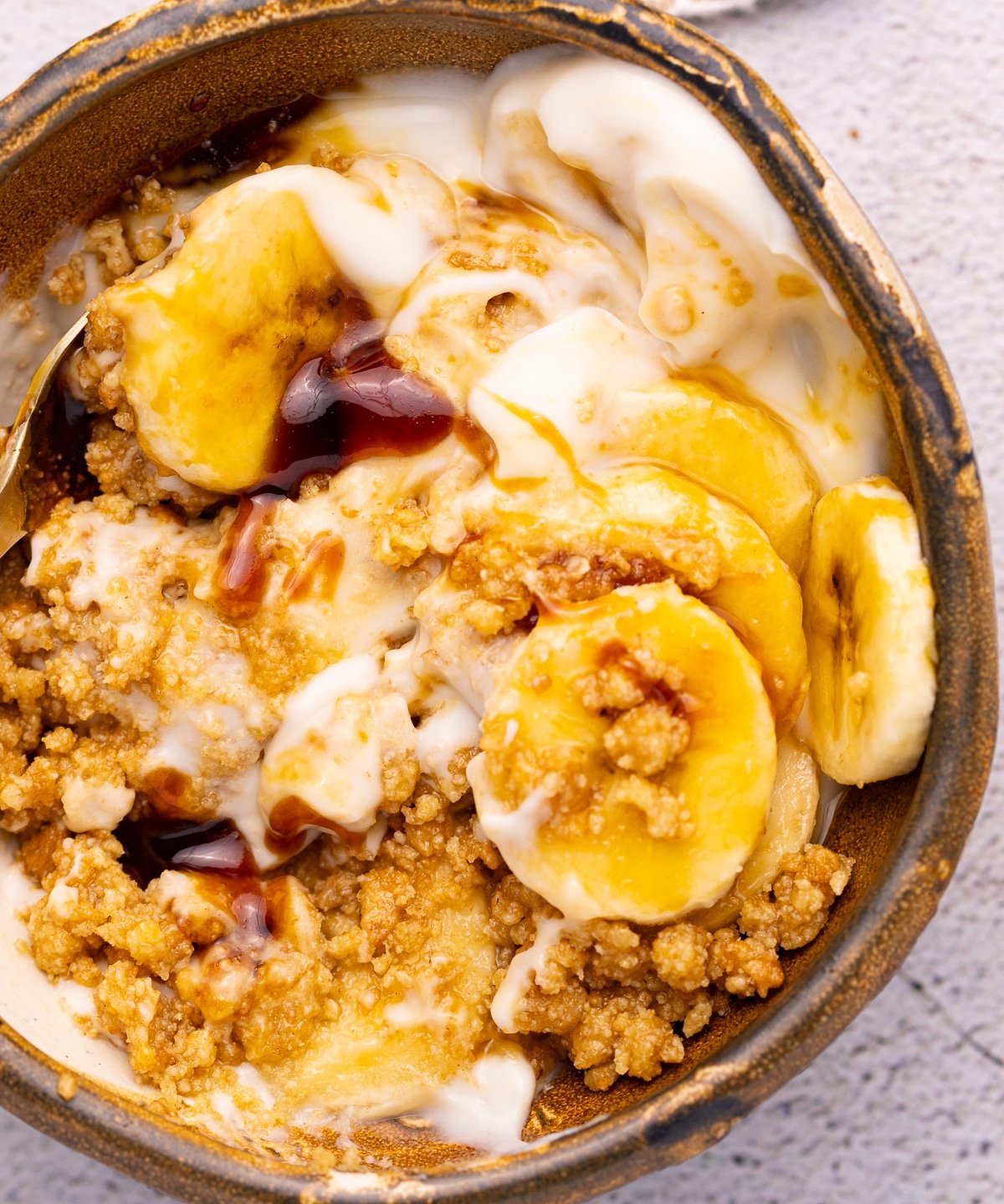 a cheat's banoffee pie bowl close up. 