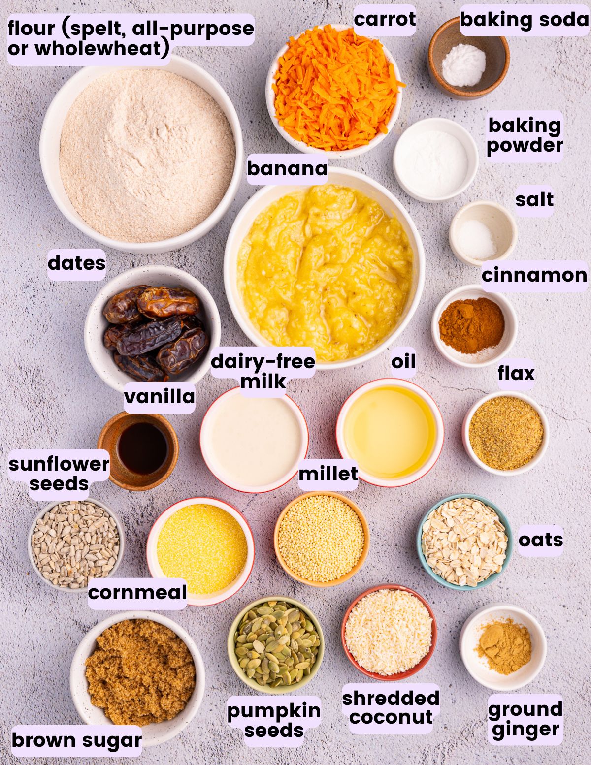 flour, grated carrot, baking soda, banana, dates, baking powder, salt, cinnamon, vanilla, dairy-free milk, oil, flax, sunflower seeds, cornmeal, millet, oats, brown sugar, pumpkin seeds, shredded coconut, ground ginger. 