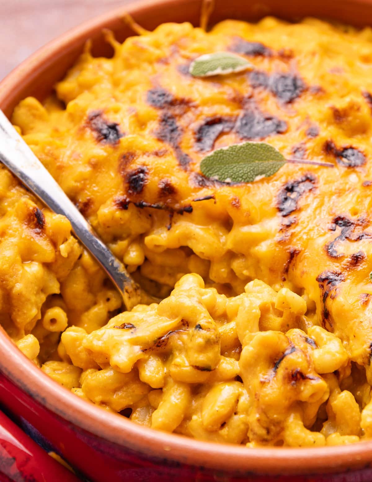 a terracotta dish with cheesy, saucy, vegan pumpkin mac and cheese garnished with fresh sage leaves. 