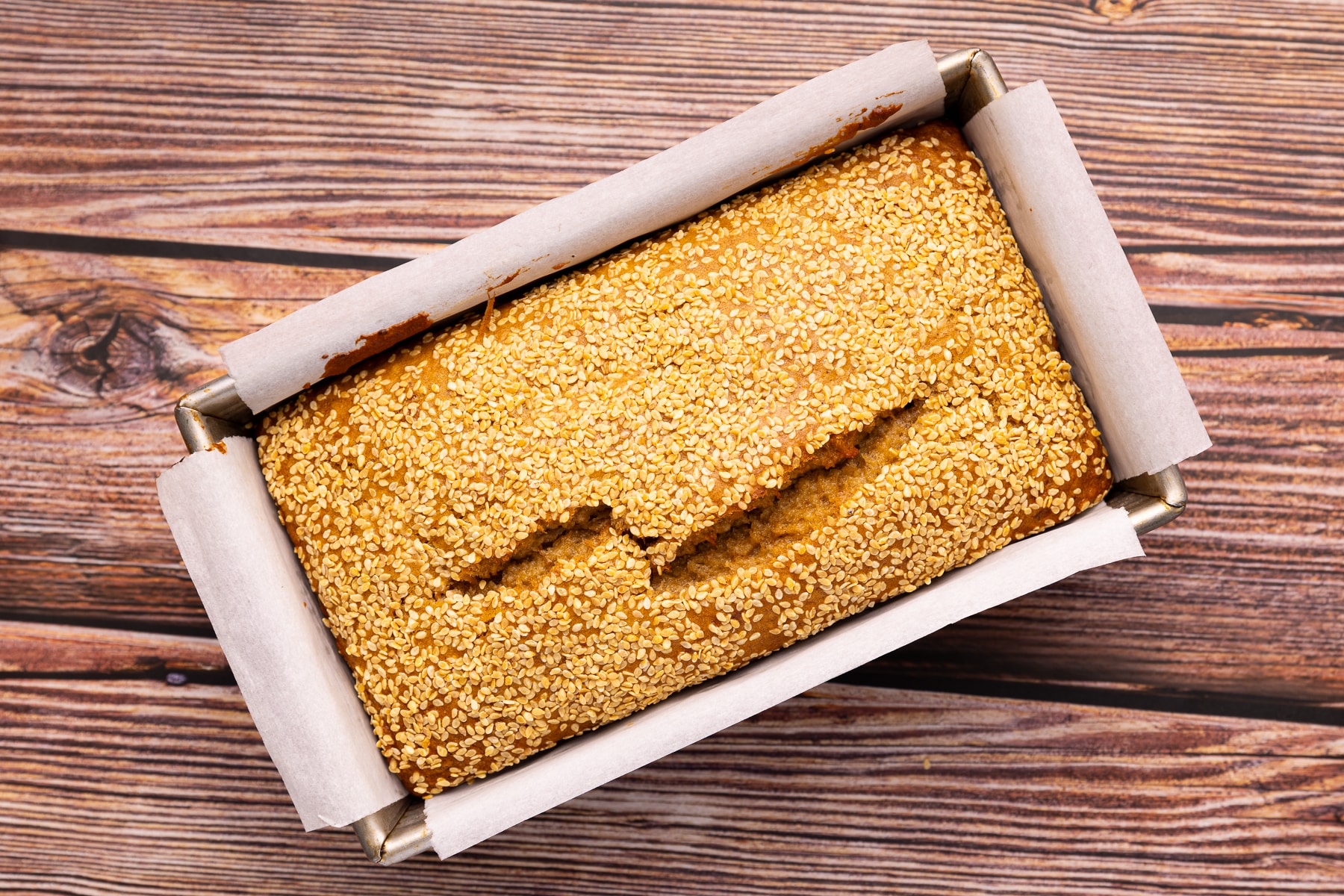 cooked tahini banana bread in a loaf pan