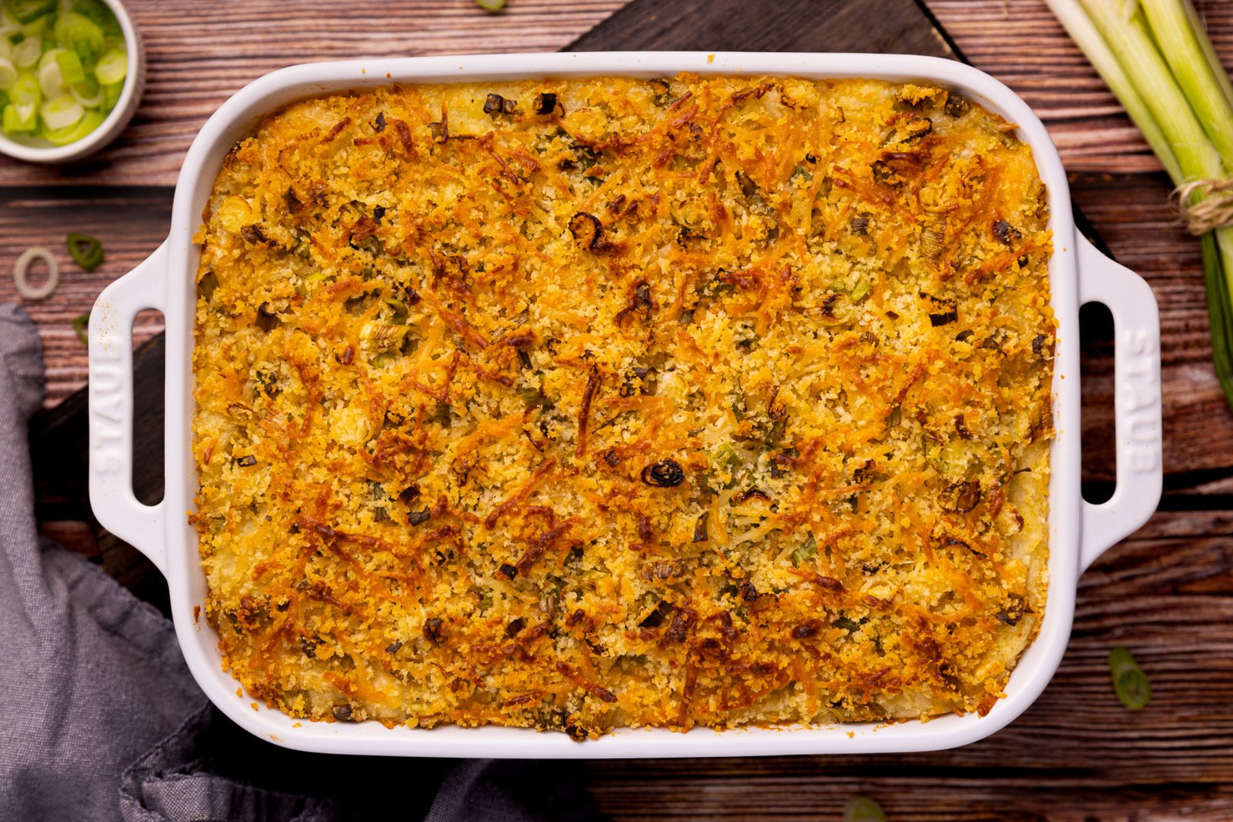 golden vegan mashed potato casseroke just out of the oven. 