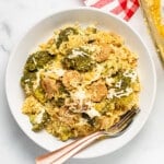 a bowl of vegan broccoli rice casserole