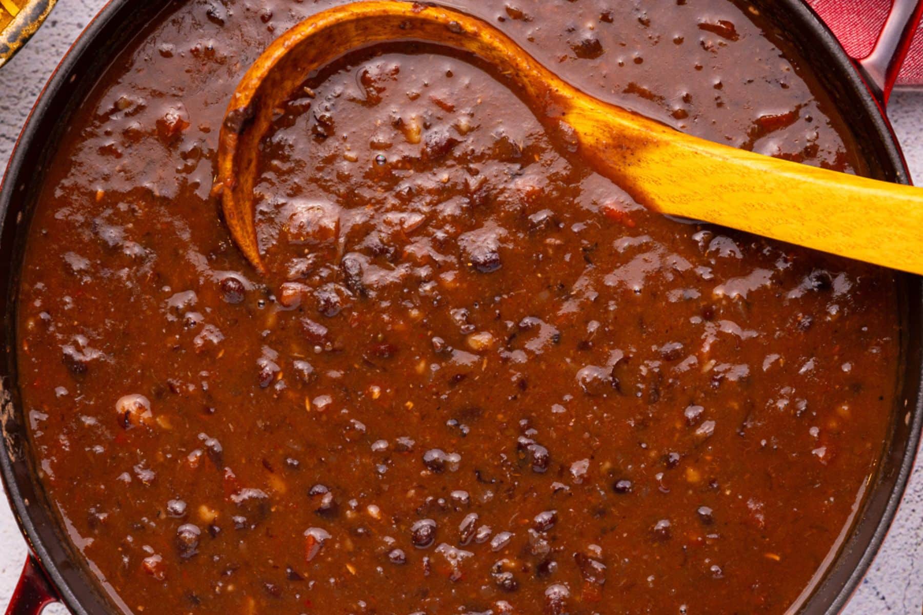 cooked black bean soup in a pan