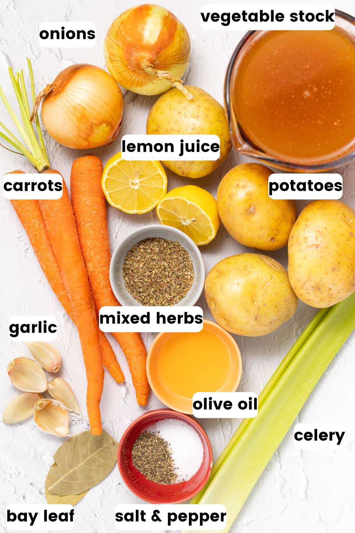 ingredients for Instant Pot vegetable soup (as per the ingredients listed in the recipe cards).