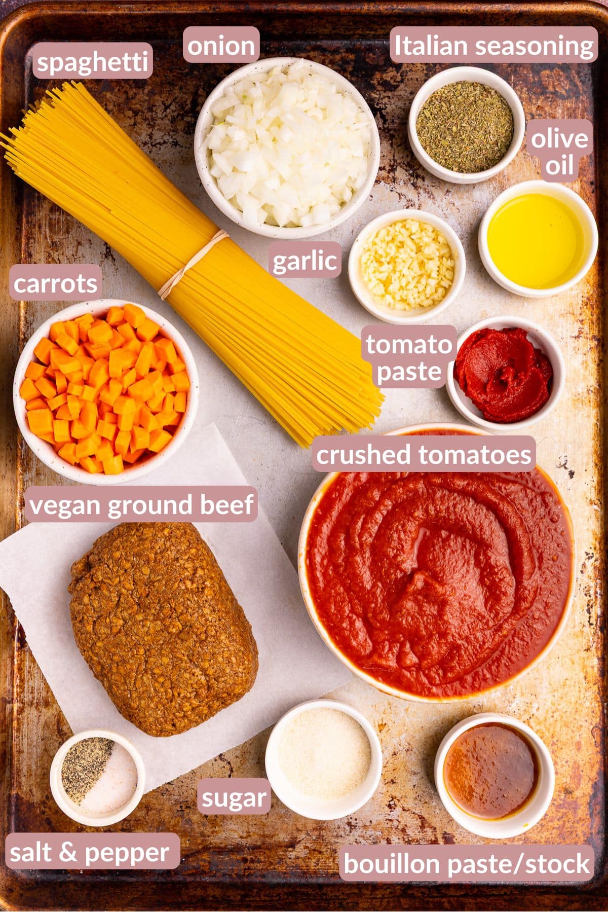 the ingredients needed to make vegan Instant Pot spaghetti bolognese (as per the ingredient list)