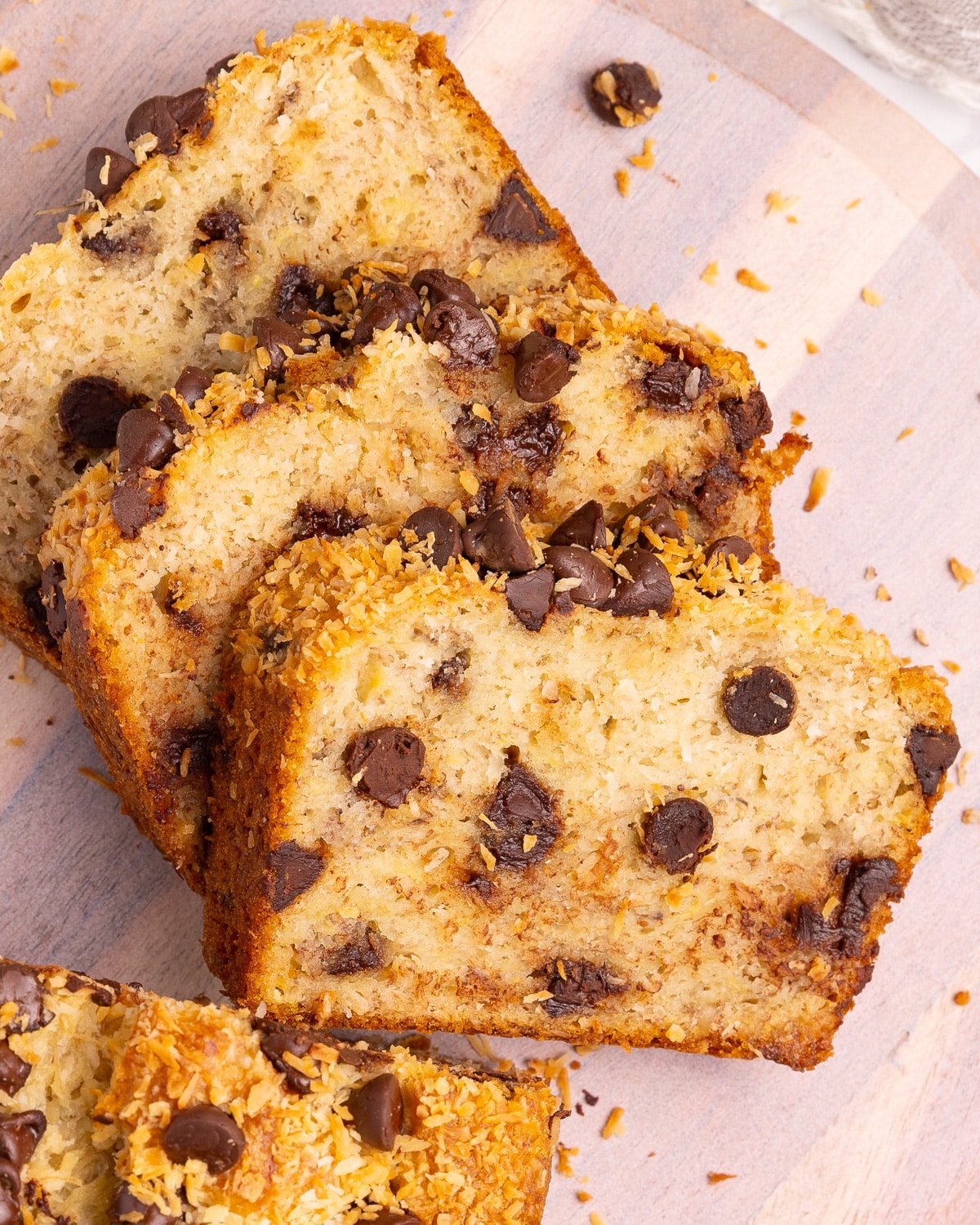 3 slices of vegan chocolate coconut banana bread