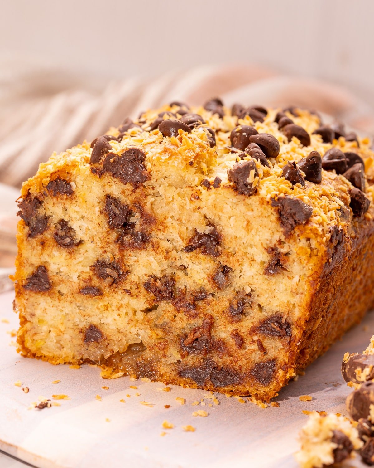 the inside of a loaf of vegan chocolate coconut banana bread