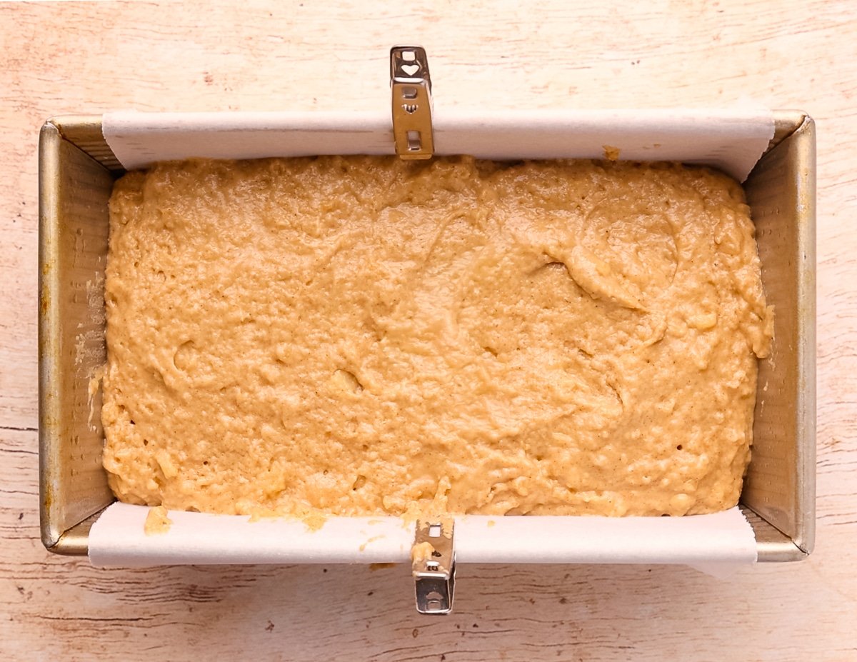 cake batter in a loaf pan