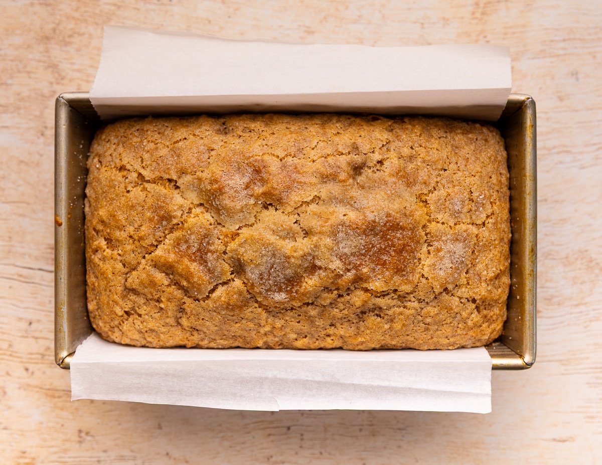 cooked applesauce cake in a loaf pan