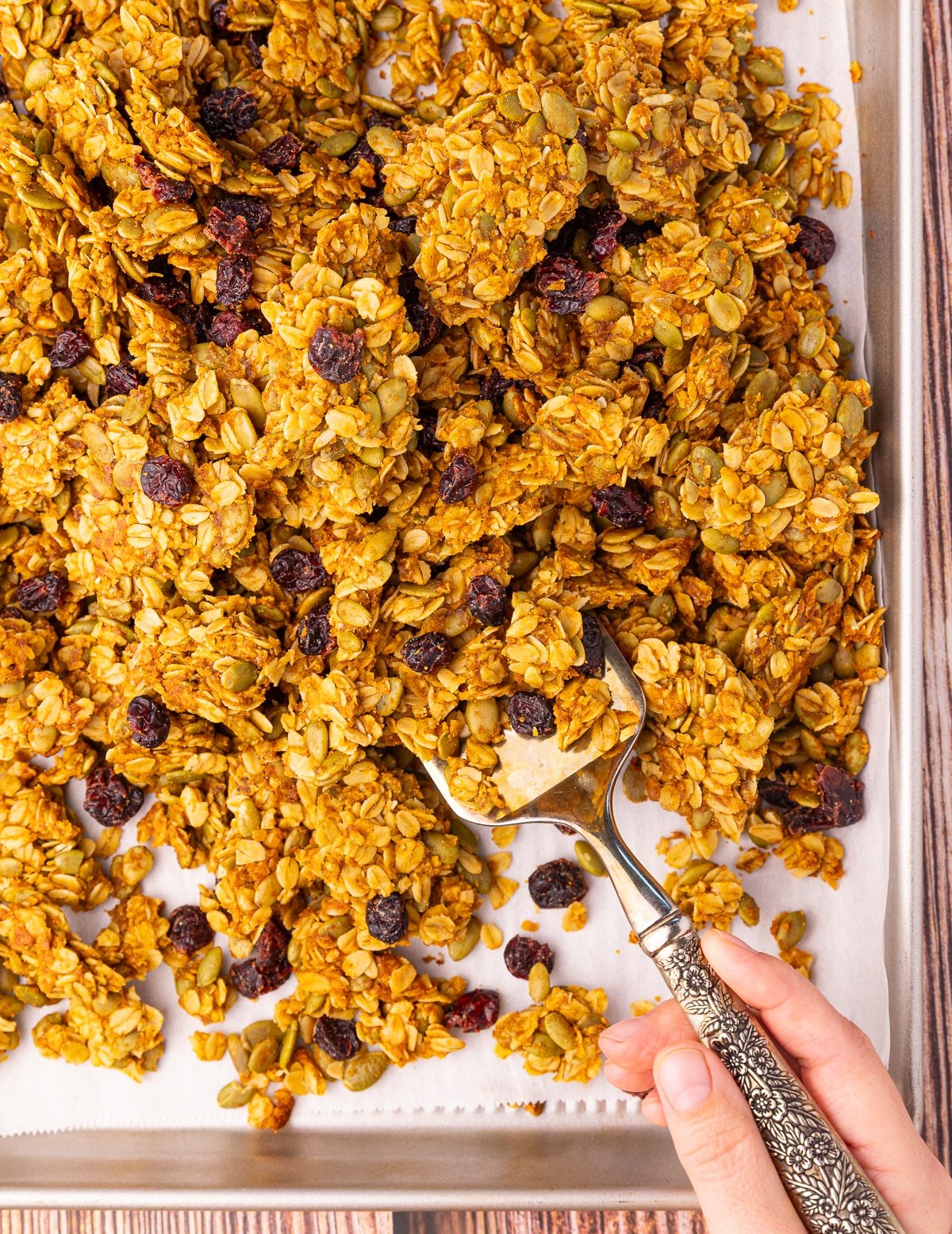 pumpkin seed granola on a baking tray