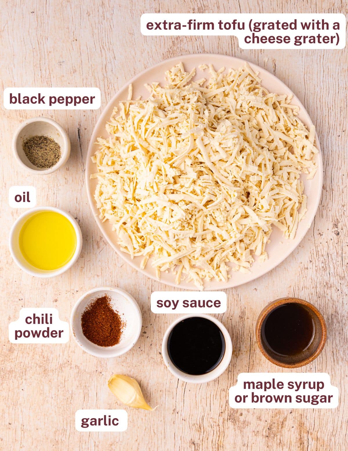 tofu, black pepper, oil, chili powder, soy sauce, garlic, maple syrup