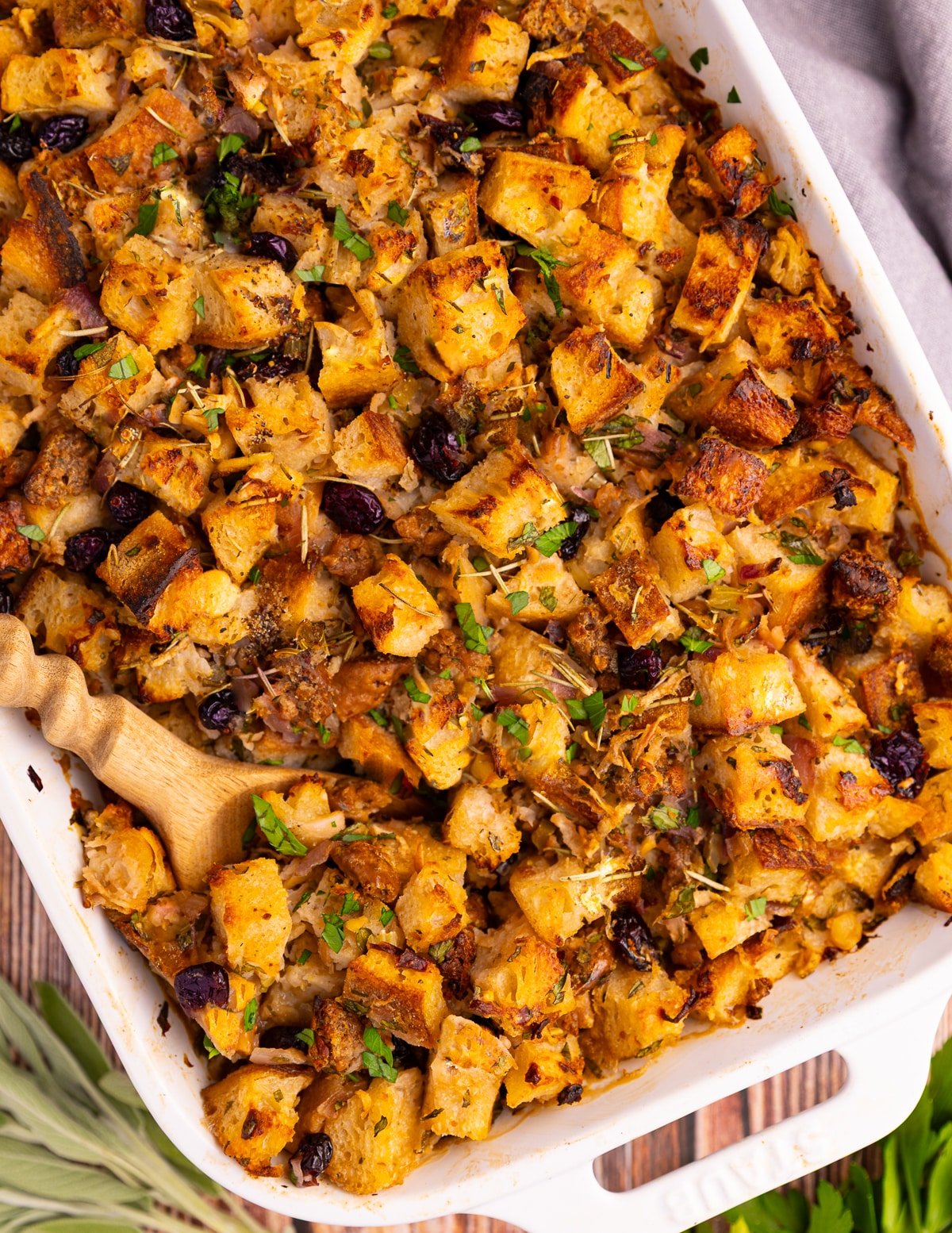 golden stuffing in a white dish